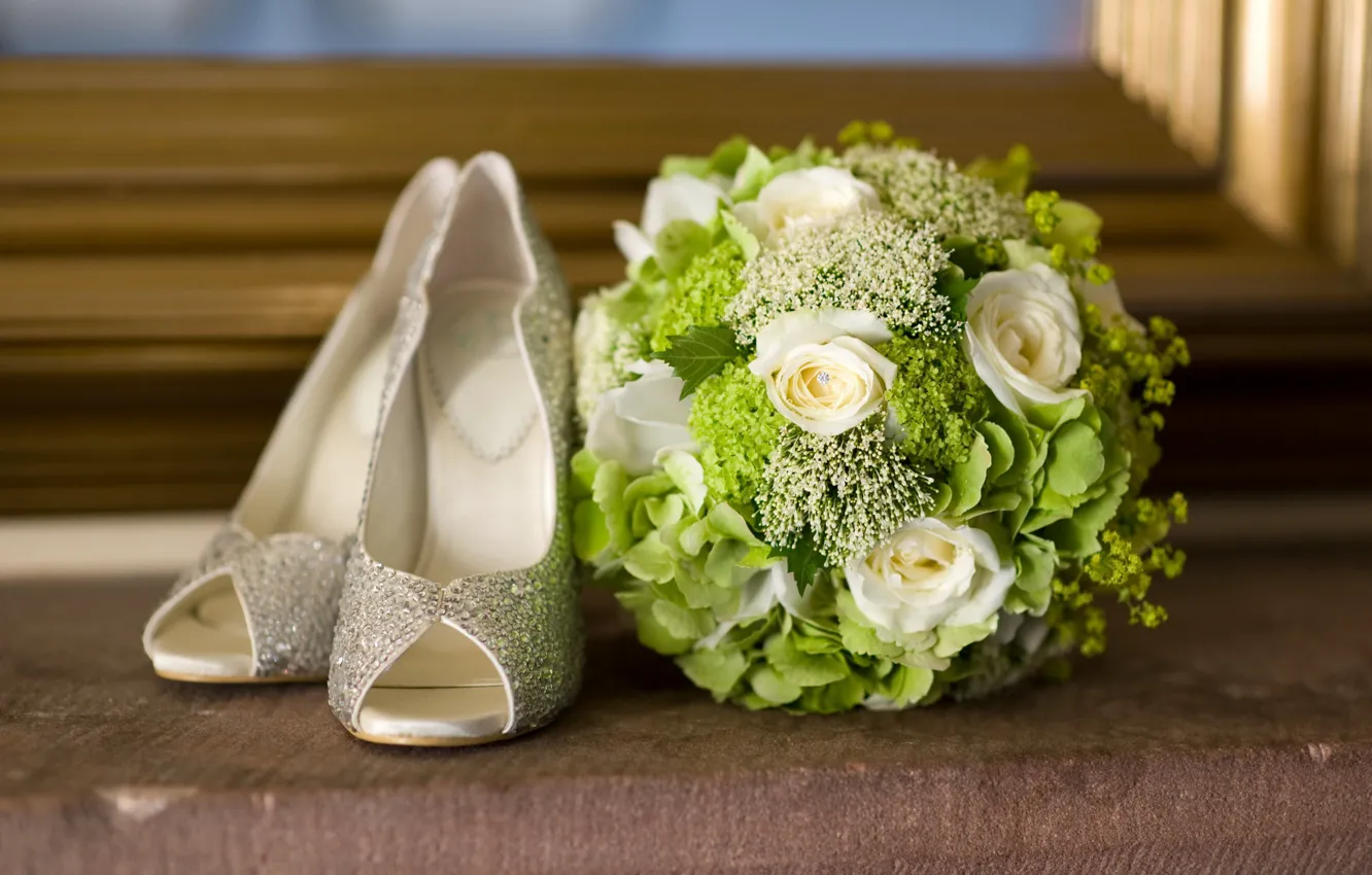 Photo wallpaper flowers, shoes, wedding bouquet