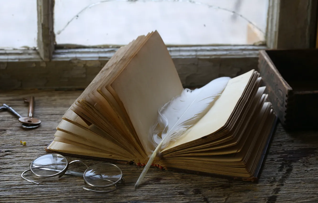 Photo wallpaper feathers, key, glasses, book, sill, vintage, vintage