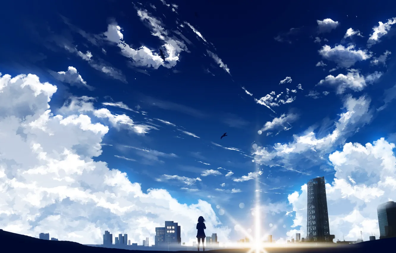Photo wallpaper the sky, girl, the sun, birds, the city, Miyamizu Mitsuha, Y_Y, Your Name.