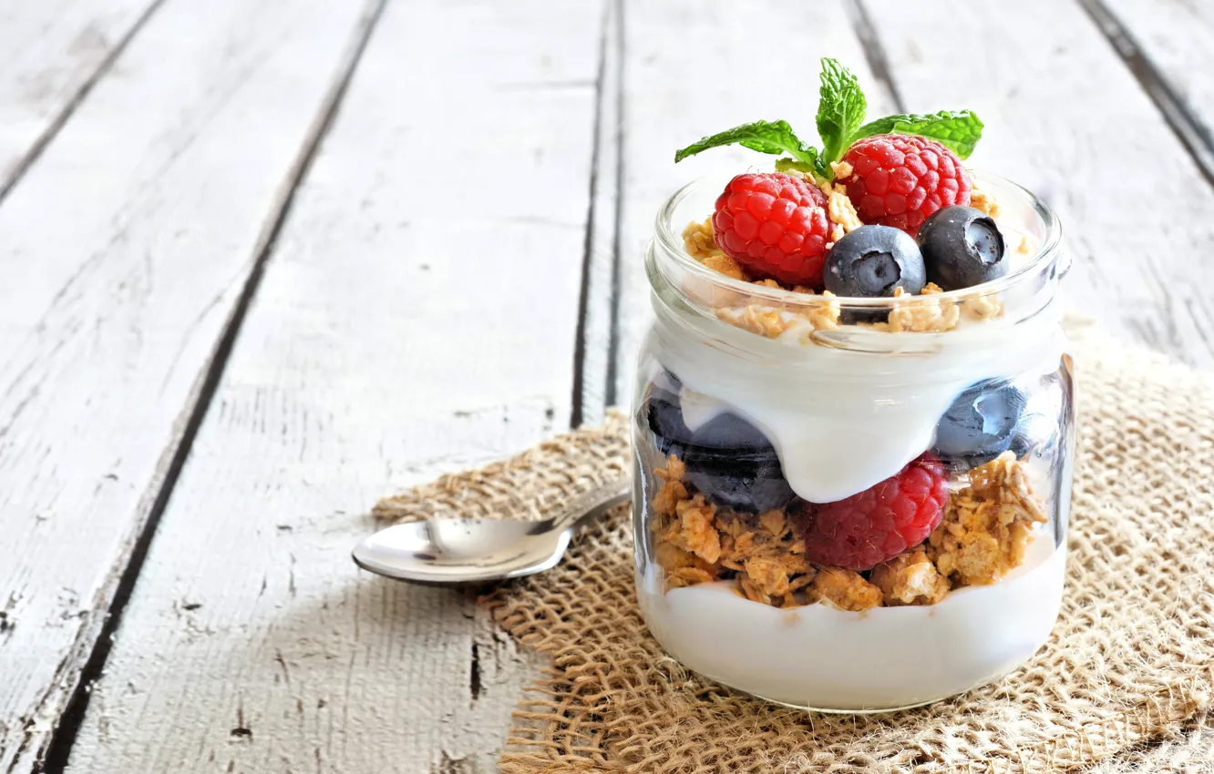 Photo wallpaper berries, Breakfast, wood, yogurt, cereal