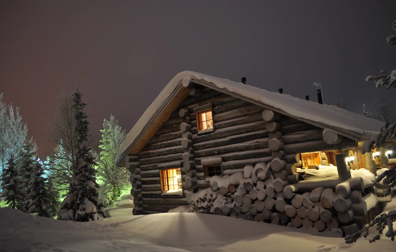 Photo wallpaper snow, night, house, Winter, ate, the snow, wood, tree