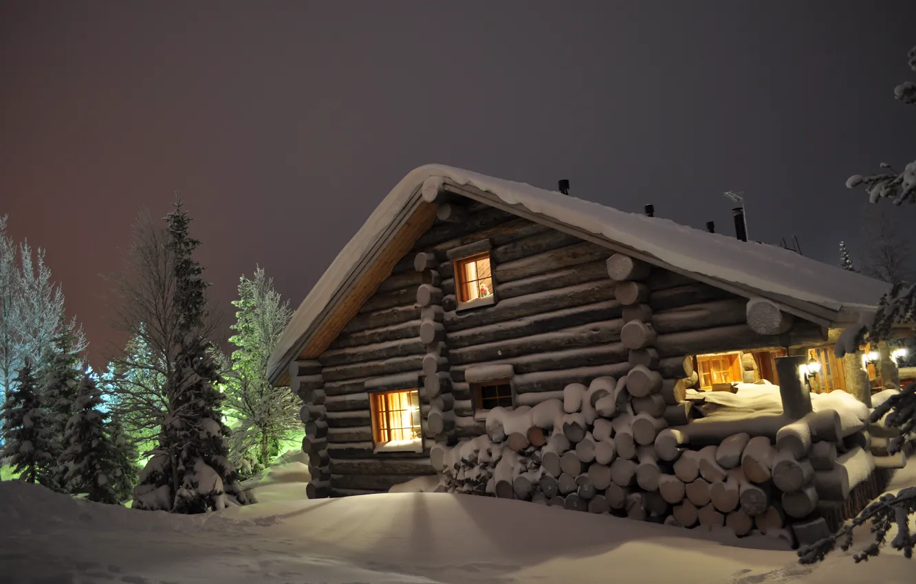Photo wallpaper winter, snow, night, tree, home, ate, the snow, wood