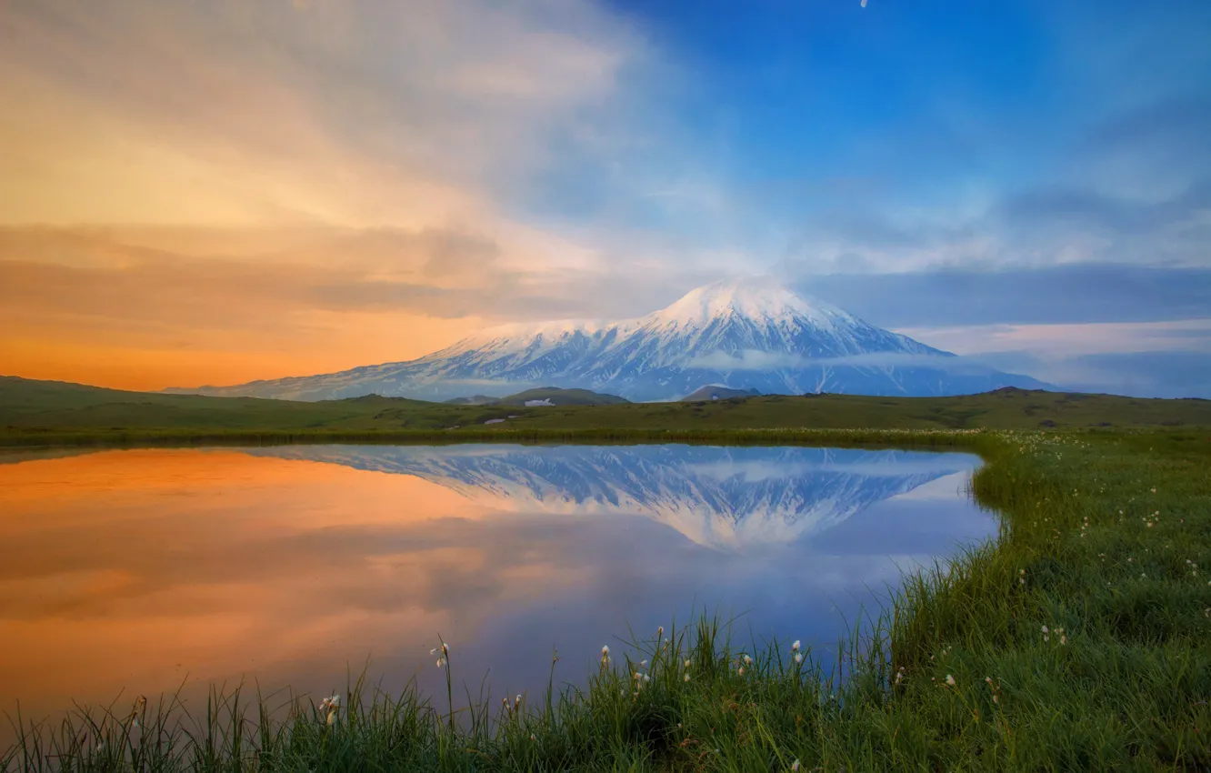 Photo wallpaper grass, landscape, nature, lake, reflection, dawn, the volcano, Kamchatka