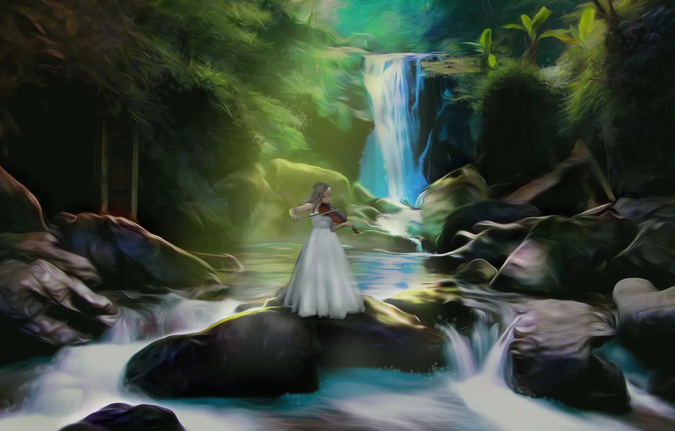 Photo wallpaper girl, nature, music, river, stones, violin, waterfall, art