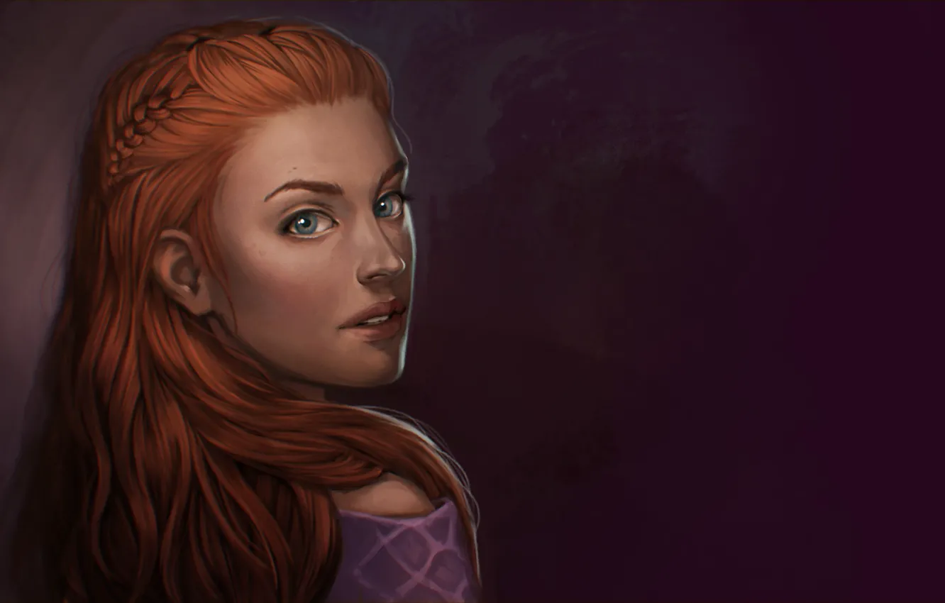 Photo wallpaper look, girl, face, background, hair, art, red