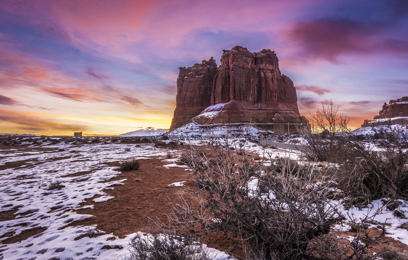 Photo wallpaper clouds, snow, rocks, Utah, USA, Utah, Arches National Park, Arches national Park