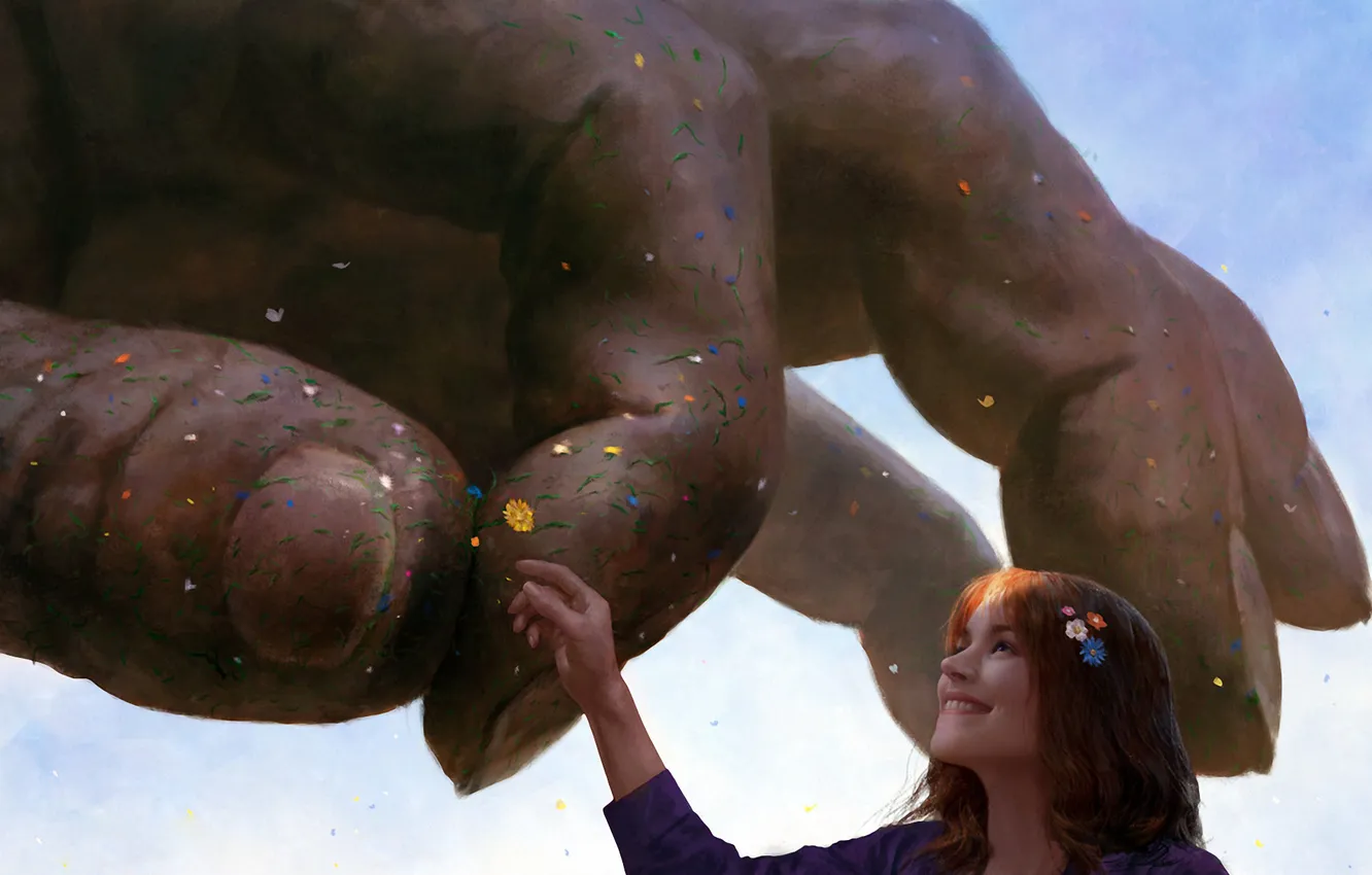 Photo wallpaper girl, joy, flowers, hands, petals, art