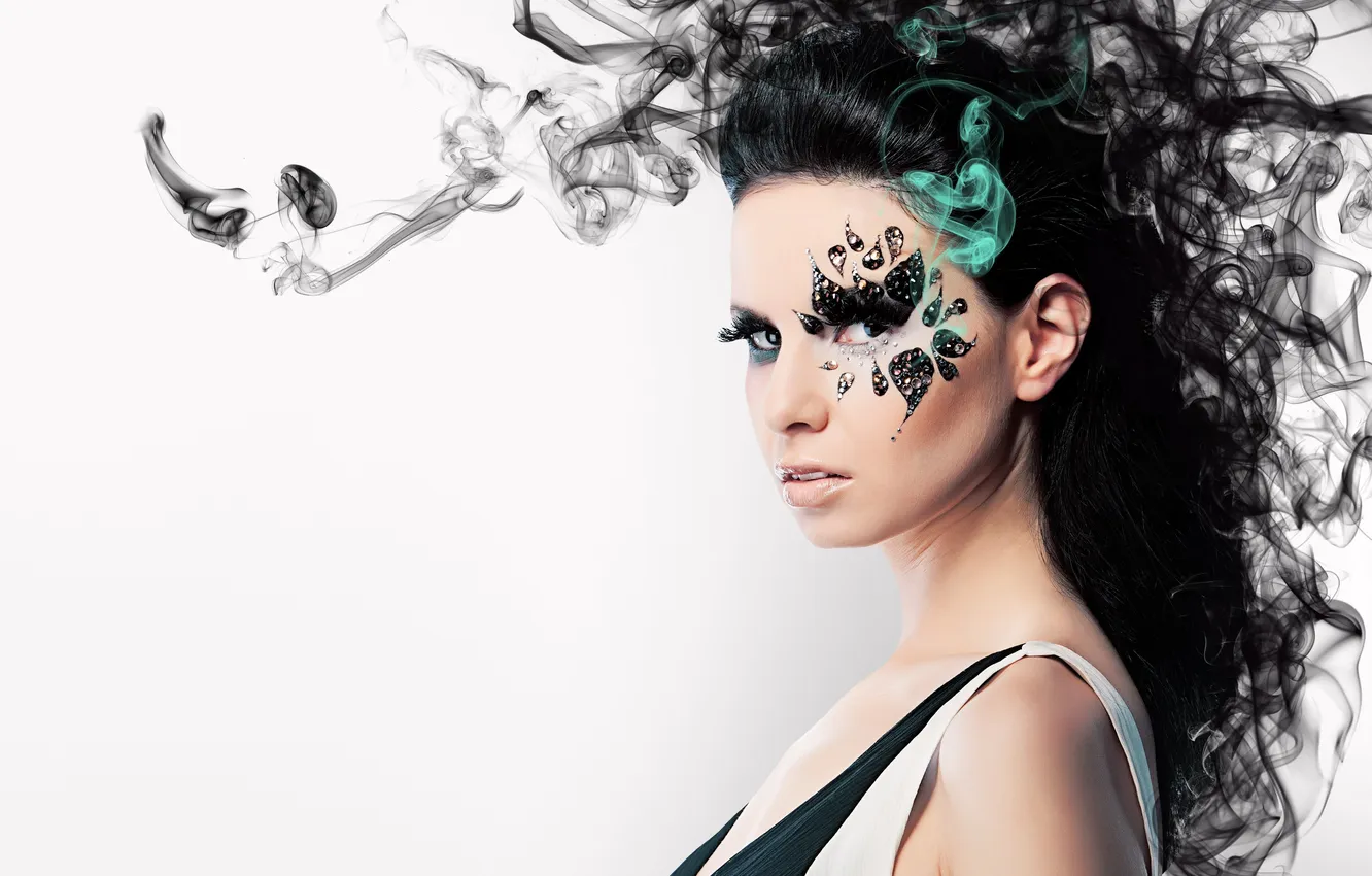 Photo wallpaper look, girl, abstraction, face, hair, smoke, makeup, lips