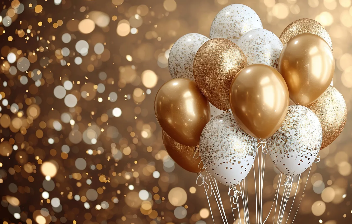 Photo wallpaper balloons, background, birthday, golden, Happy Birthday, background, bokeh, balloons