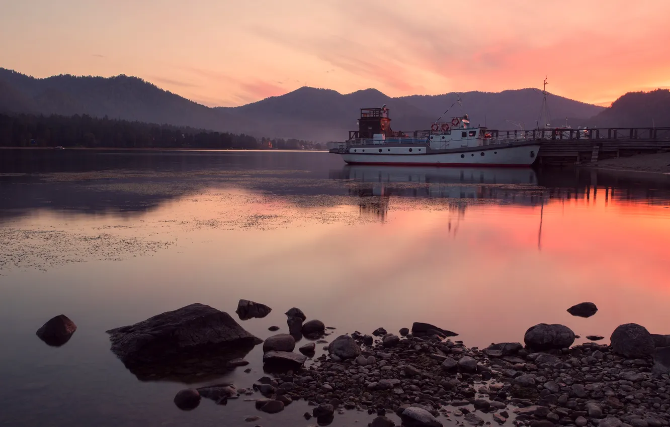 Photo wallpaper the sky, stones, shore, Bay, the evening, pier, boat