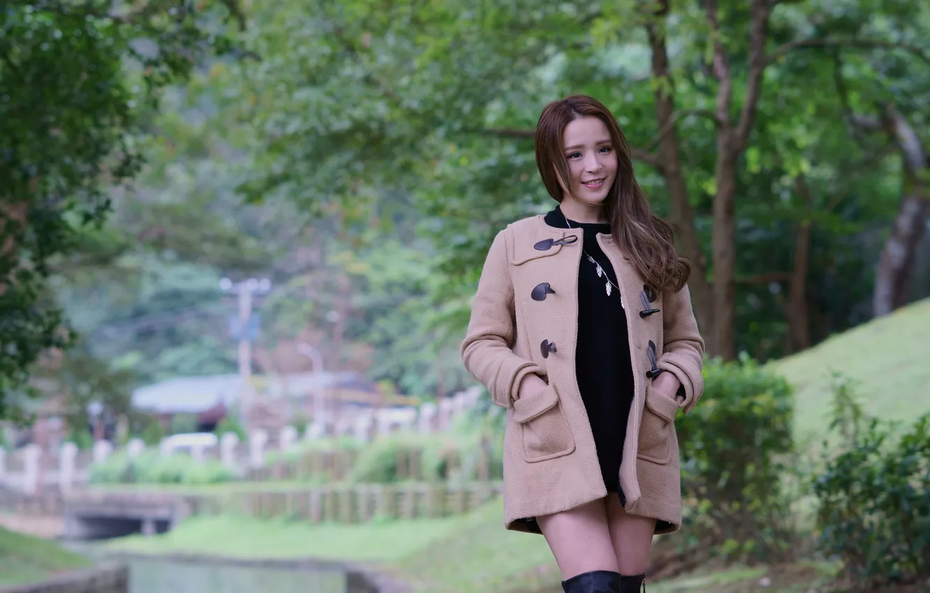Photo wallpaper girl, pose, smile, Asian, coat