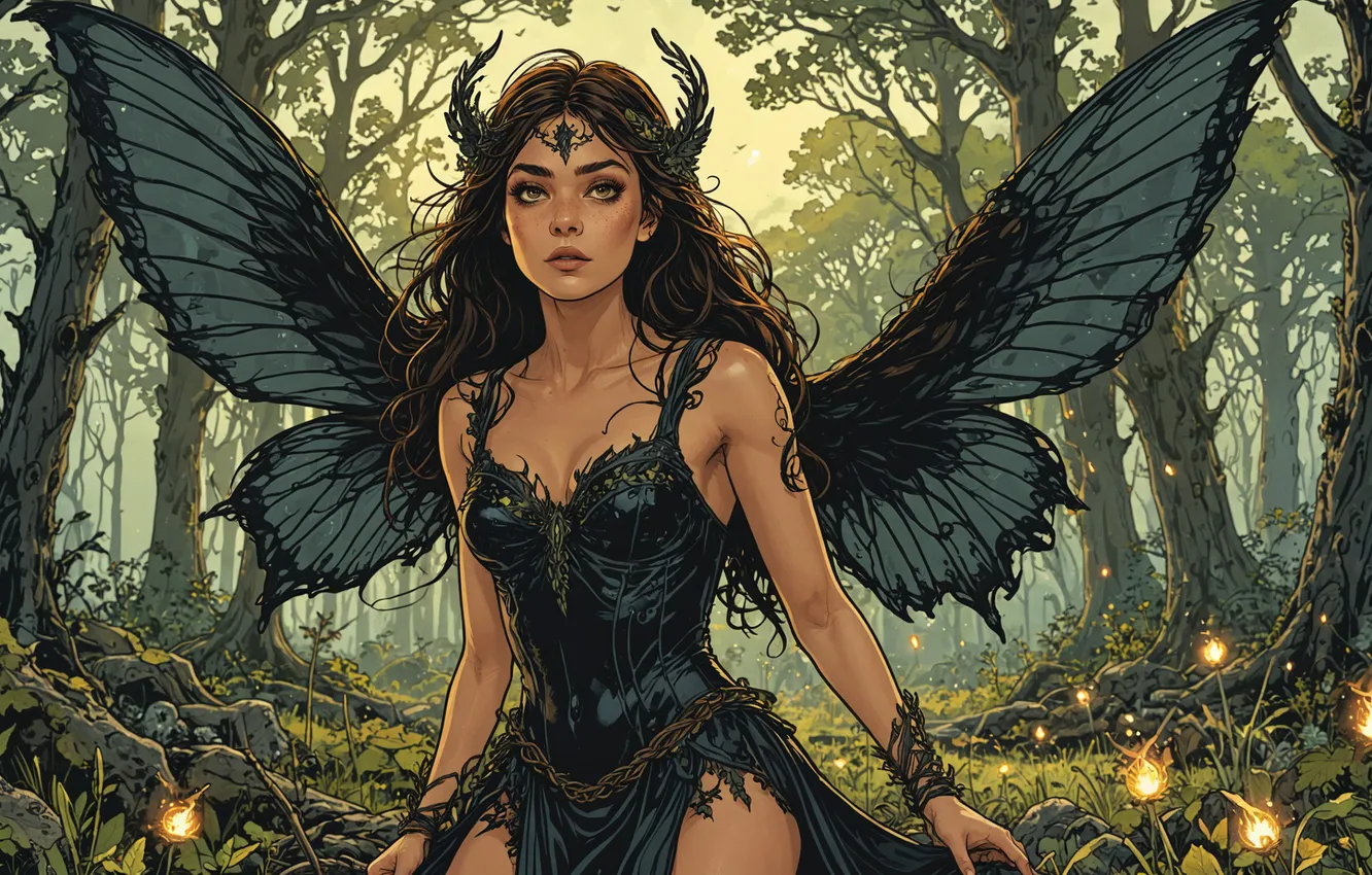 Photo wallpaper forest, girl, fairy, the wings of a butterfly