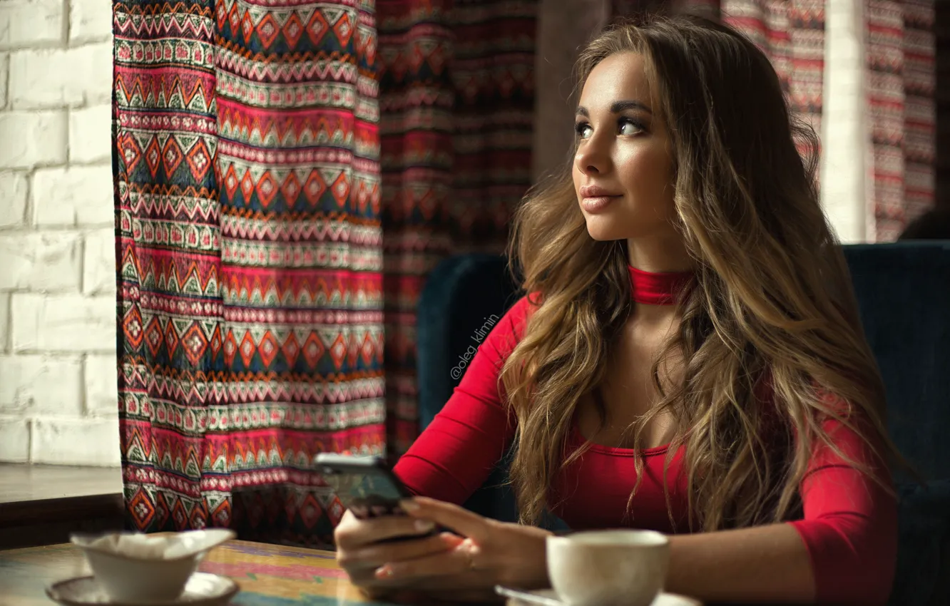 Photo wallpaper look, girl, phone, table, Oleg Klimin, Anna Semenova