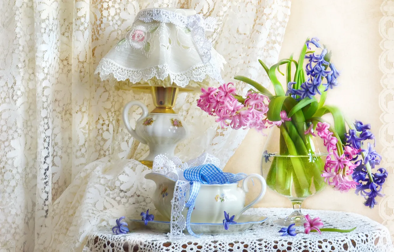 Photo wallpaper lamp, textiles, lampshade, hyacinths