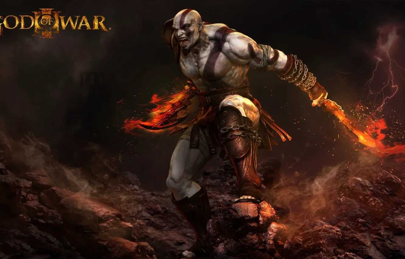 Photo wallpaper fire, flame, sword, rock, demigod, Kratos, God of War, general