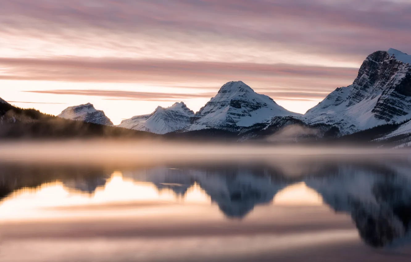 Photo wallpaper snow, mountains, lake, reflection, shore, tops, slope, pond