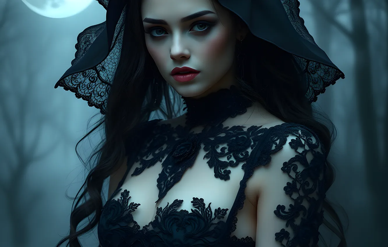 Photo wallpaper forest, look, girl, trees, night, branches, fog, Gothic