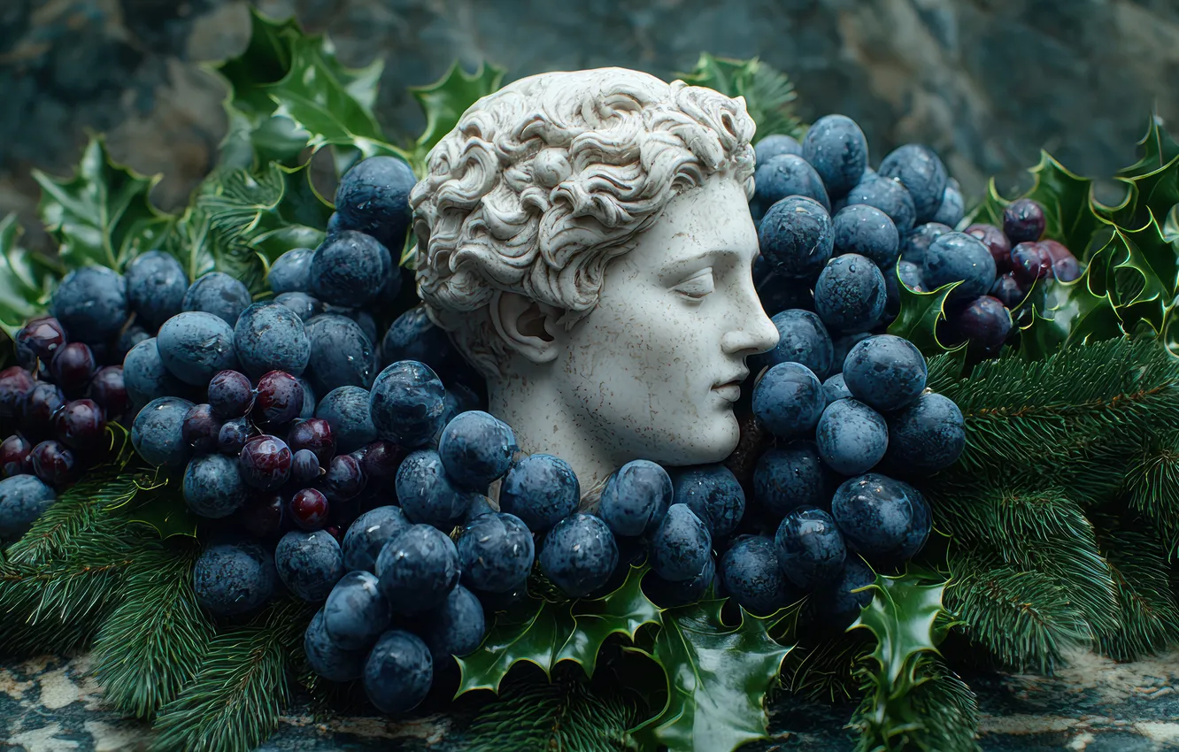 Photo wallpaper leaves, branches, blue, face, berries, people, bouquet, head