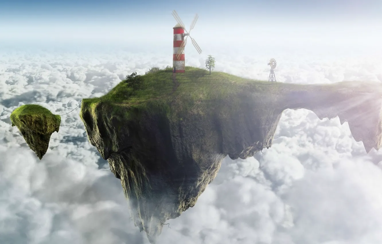 Photo wallpaper clouds, lighthouse, island, mill, flying, wind