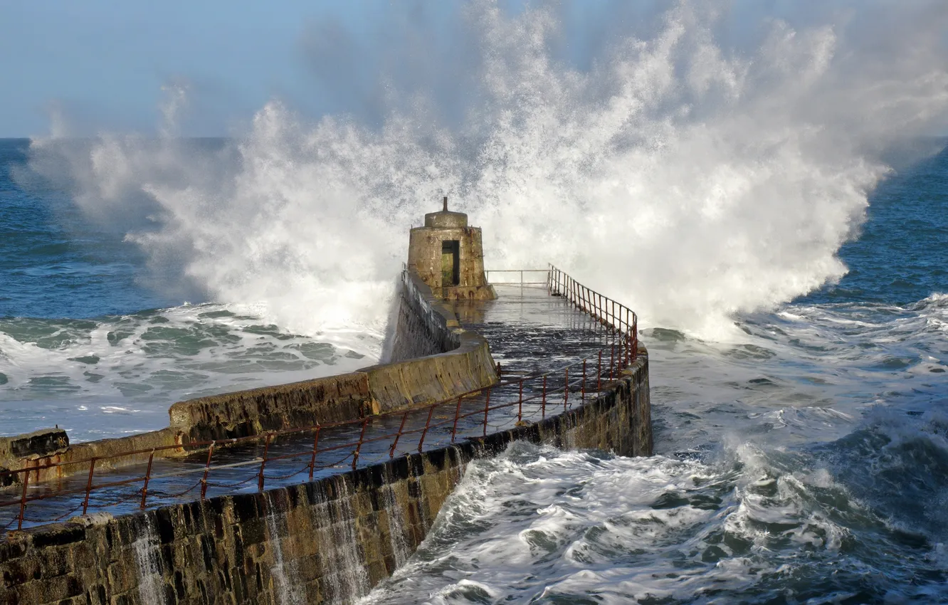 Photo wallpaper sea, wave, storm, shore, lighthouse, the fence, the breakwater