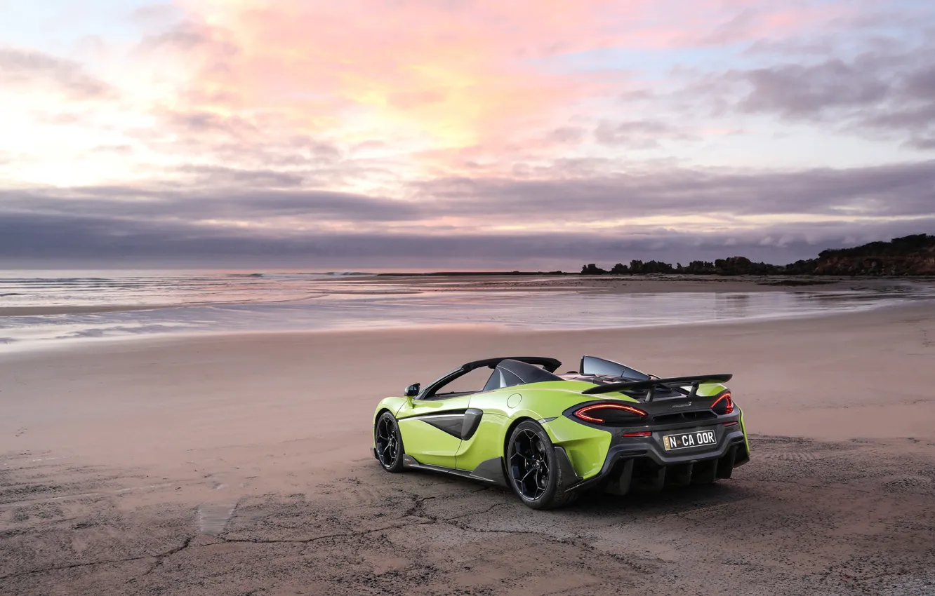 Photo wallpaper beach, sunset, McLaren, supercar, Spider, 2019, 600LT, Lime Green