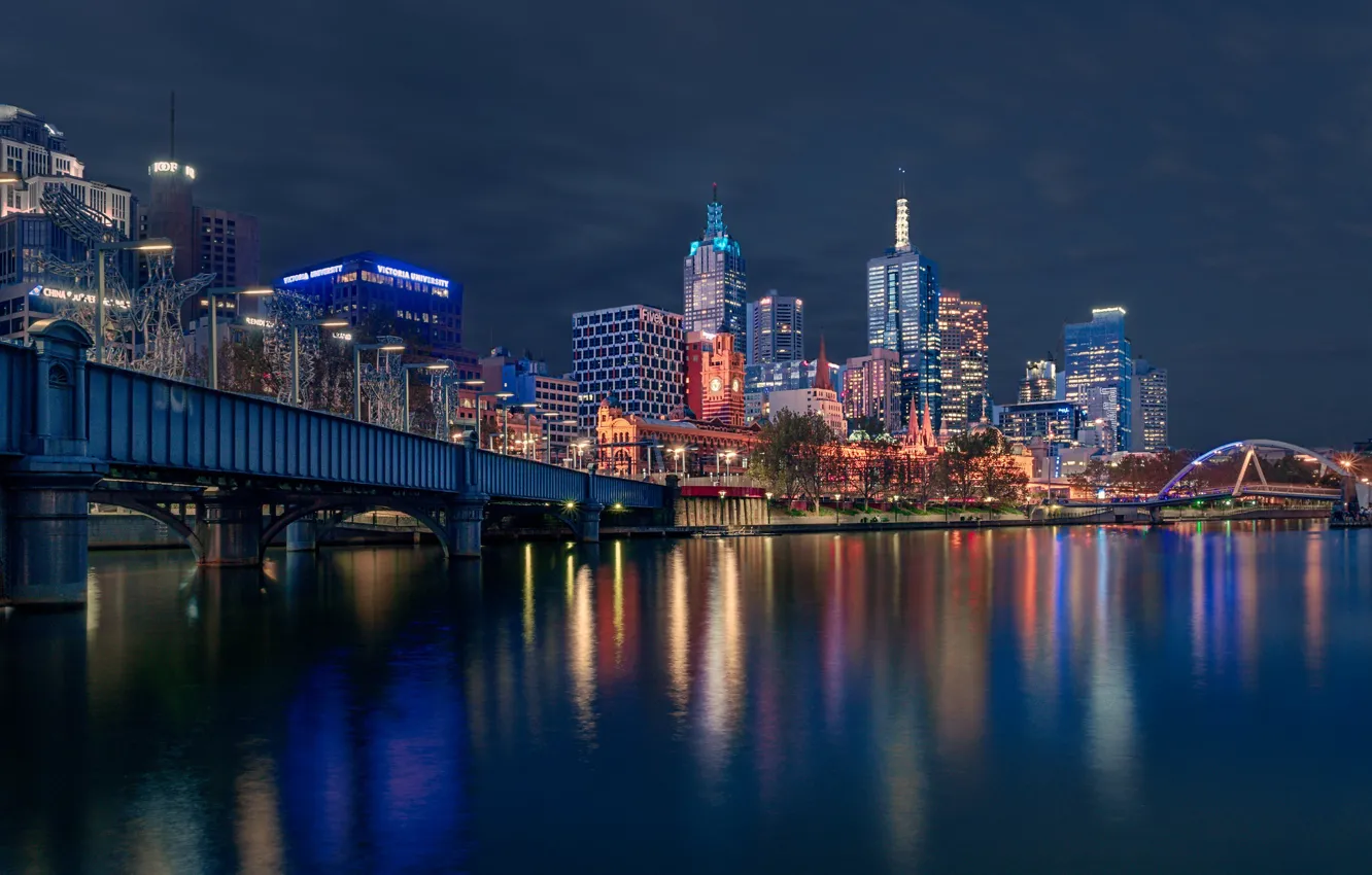 Photo wallpaper bridge, river, building, home, Australia, night city, skyscrapers, Melbourne