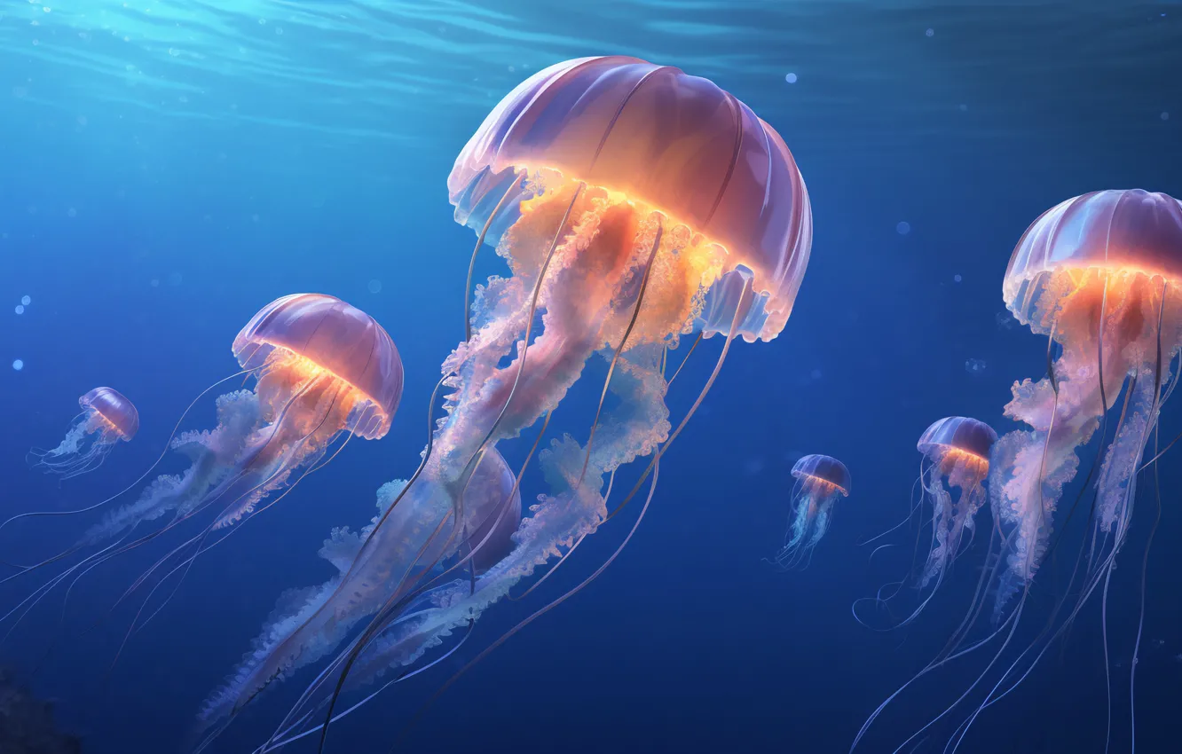Photo wallpaper sea, jellyfish, underwater world, AI art, neural network