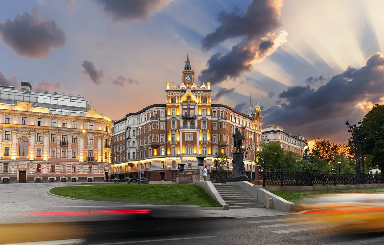 Photo wallpaper the city, street, building, morning, Moscow, square