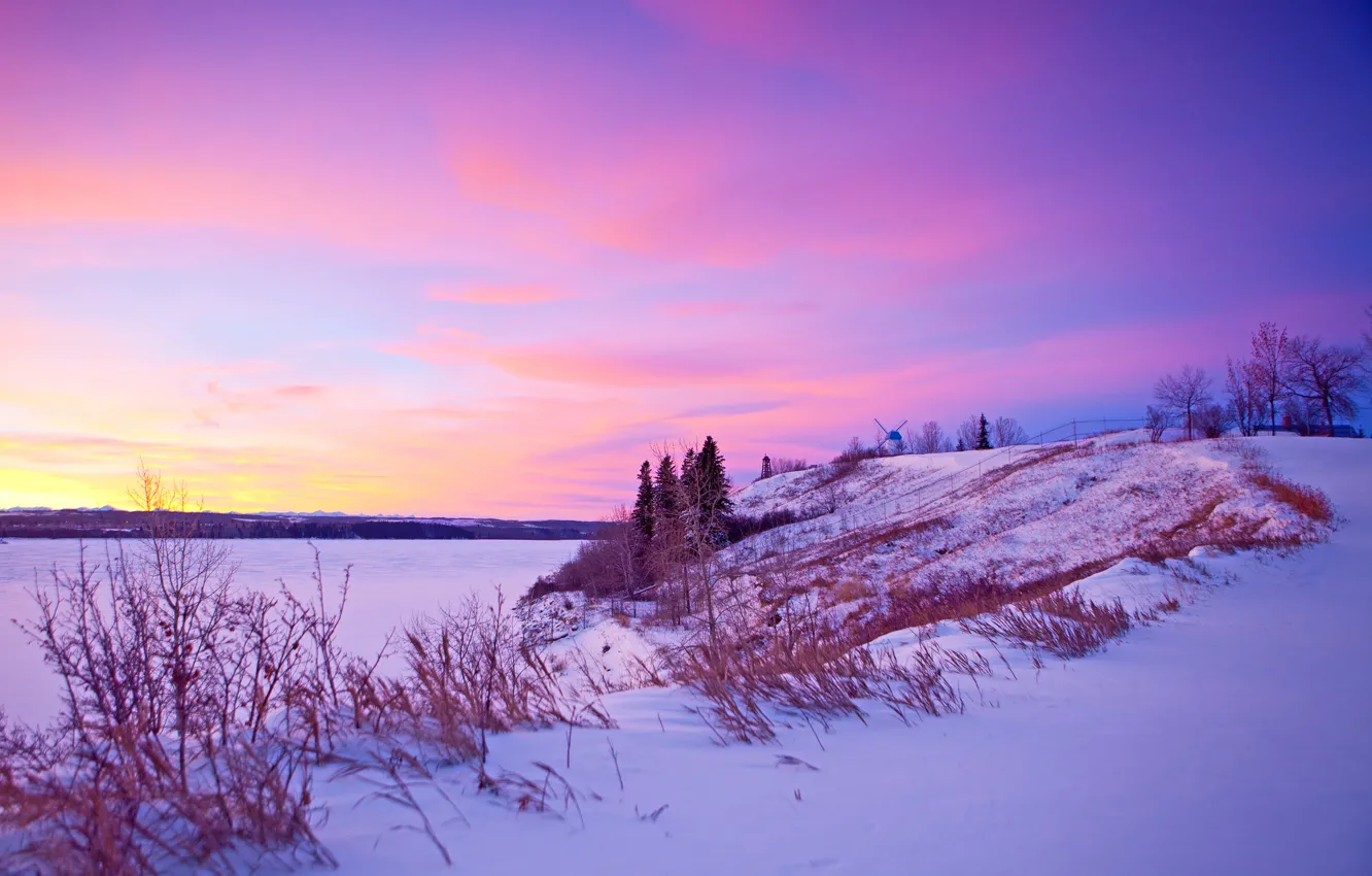 Photo wallpaper winter, the sky, snow, hills, windmill