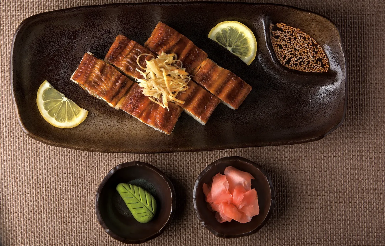 Photo wallpaper lemon, Japan, wasabi, ginger, serving