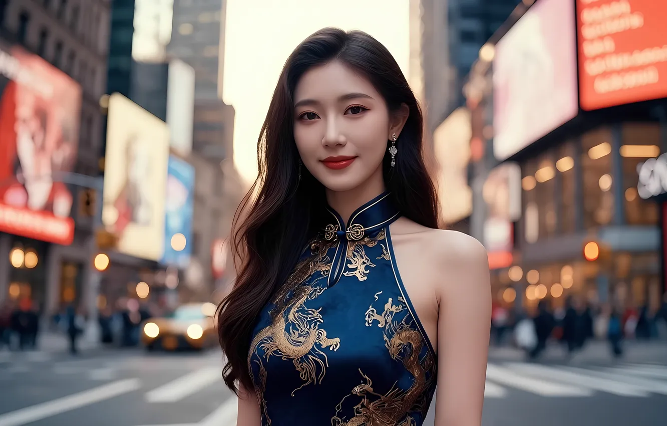 Photo wallpaper look, the city, earrings, girl, megopolis, blue dress, long hair, Asian