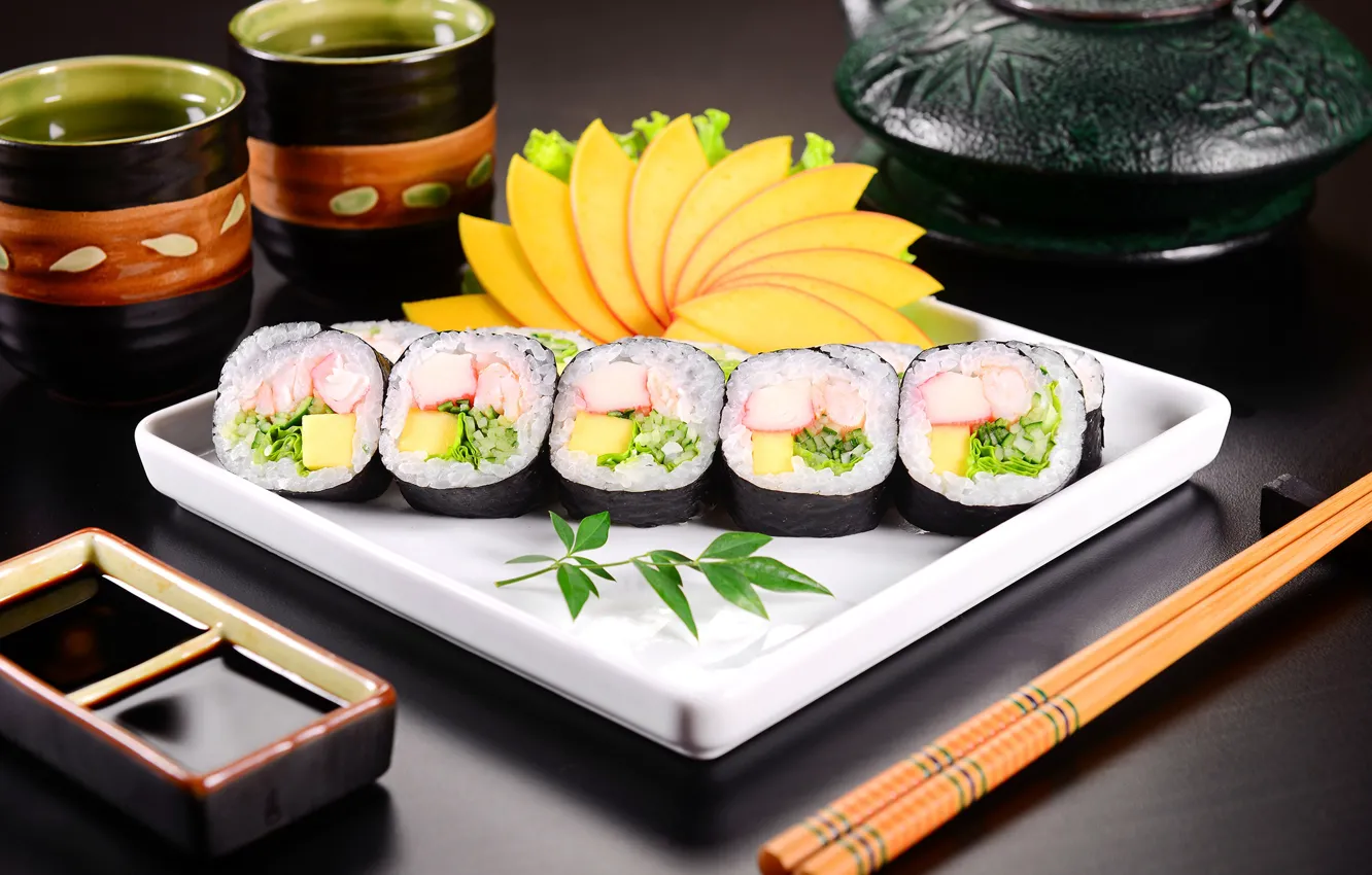 Photo wallpaper sauce, sushi, rolls