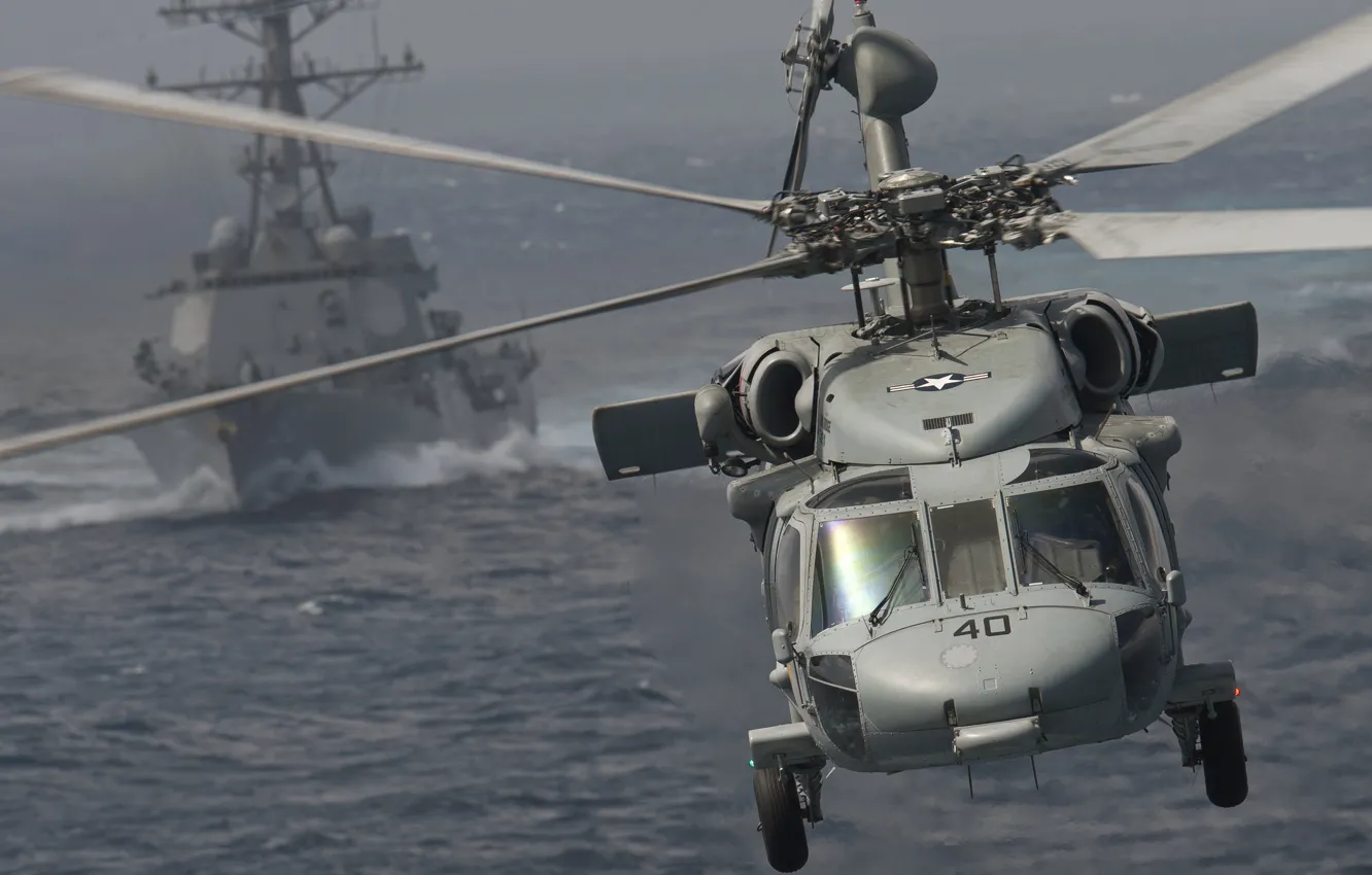 Photo wallpaper sea, helicopter, multipurpose, UH-60, Black Hawk, type, destroyer, "Arleigh Burke"