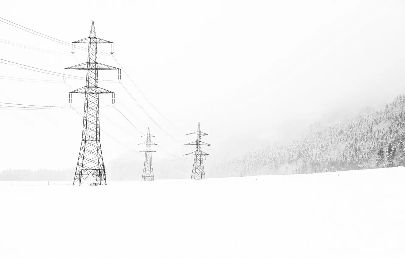 Photo wallpaper winter, snow, landscape, power lines