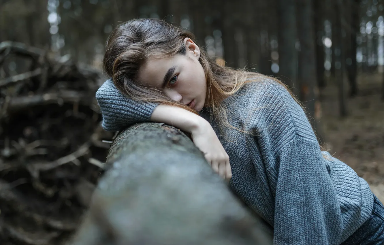 Photo wallpaper forest, girl, face, pose, hair, portrait, sweater, Aleks Five