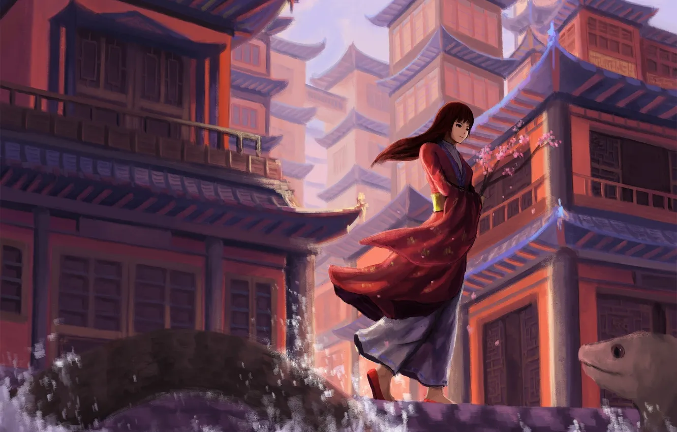 Photo wallpaper water, girl, branches, the city, building, art