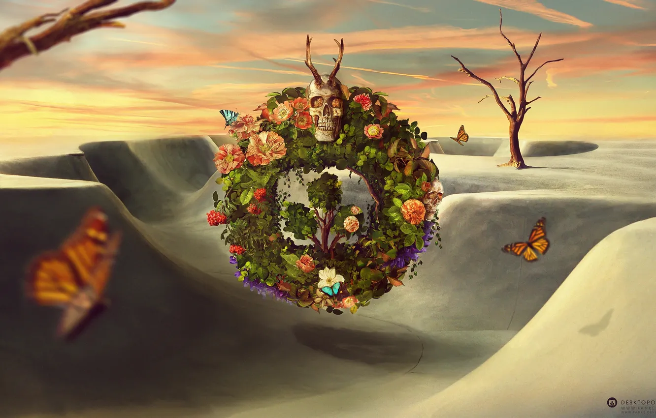 Photo wallpaper flowers, berries, butterfly, skull, horns, wreath, desktopography