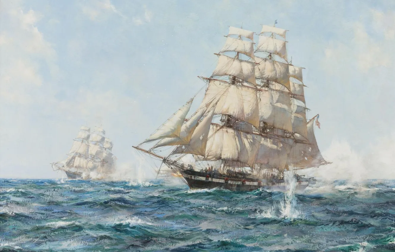 Photo wallpaper sea, wave, figure, sailboat, Montague Dawson