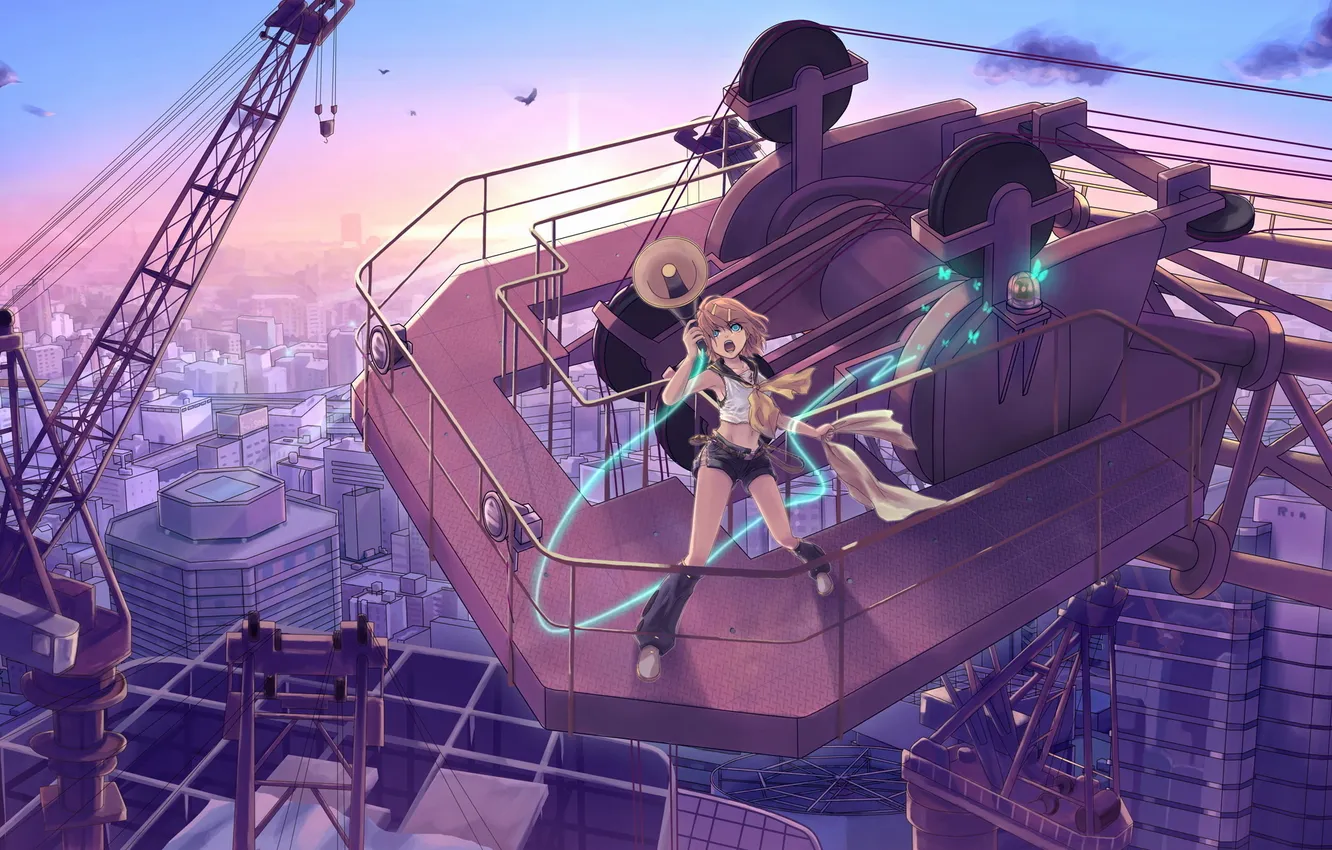 Photo wallpaper girl, the city, butterfly, crane, vocaloid, mouthpiece, tower