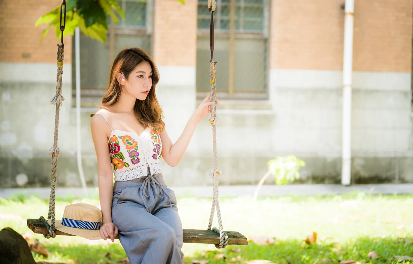 Photo wallpaper girl, swing, Asian, cutie, bokeh