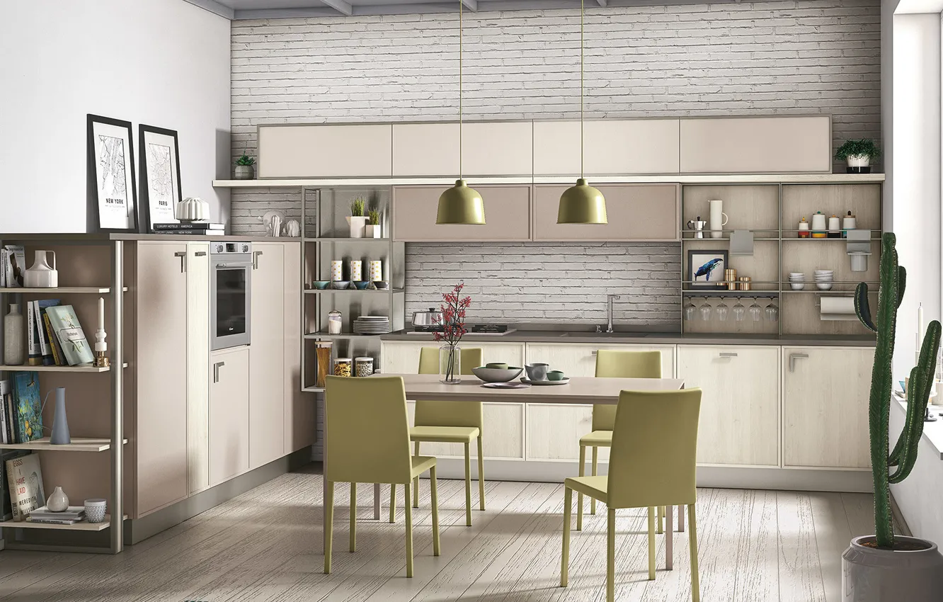 Photo wallpaper style, interior, kitchen, dining room, dining area, Italian design, soft loft, Viareggio Kitchen