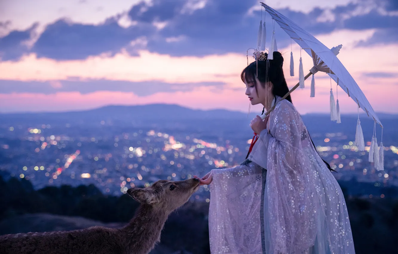 Photo wallpaper girl, deer, Asian