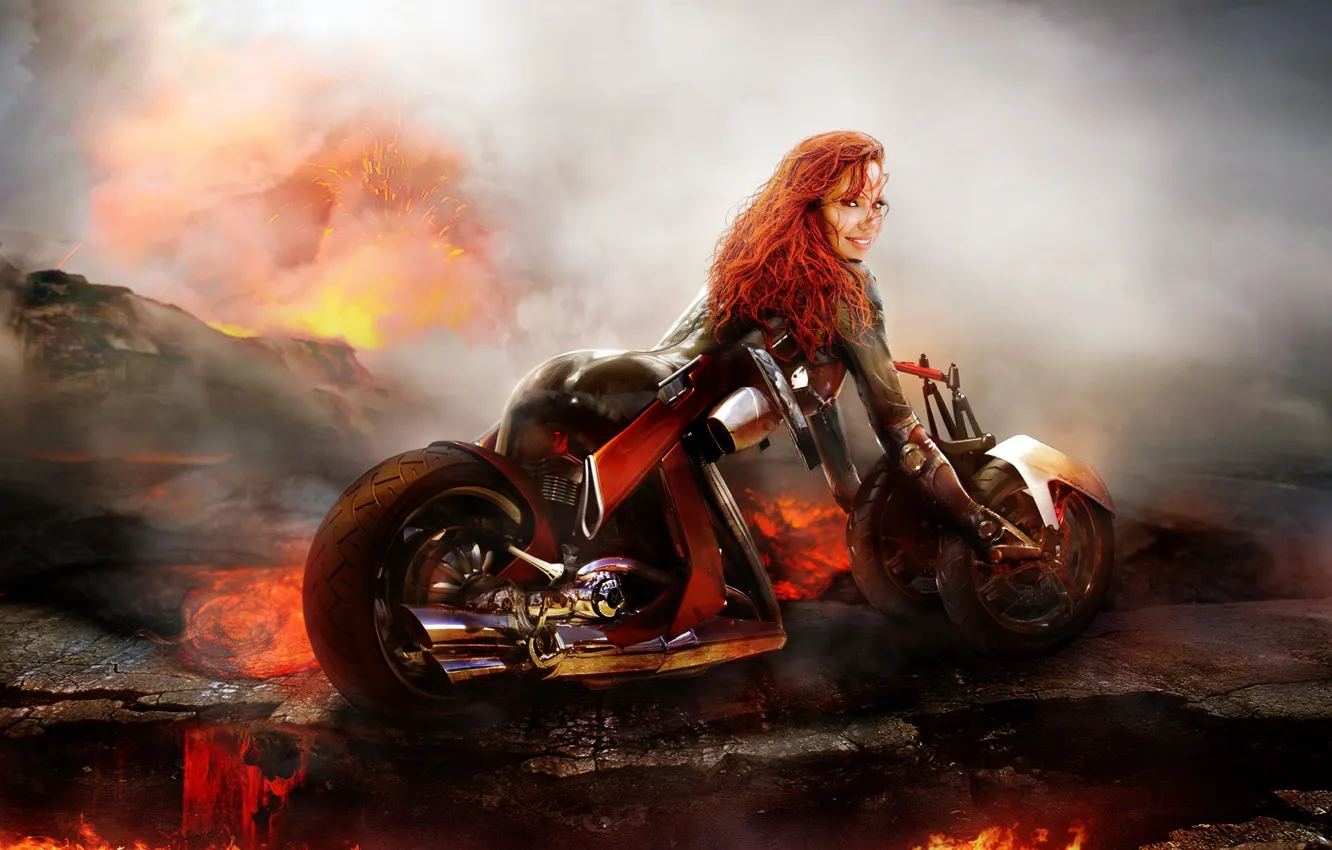 Photo wallpaper girl, lights, flame, smoke, heat, lava, bike, CHOPPER