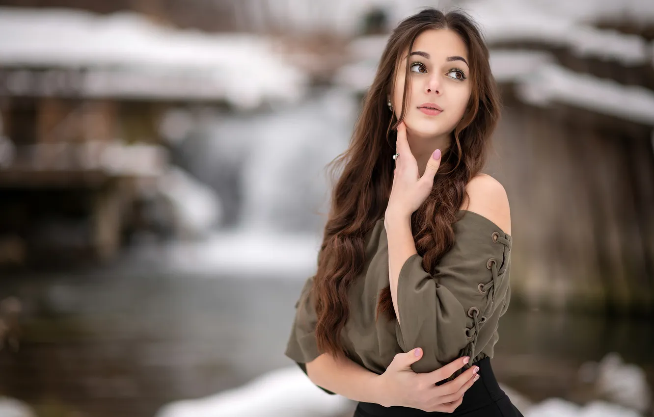 Photo wallpaper girl, beauty, brown hair, long hair, bokeh, femininity, bare shoulders
