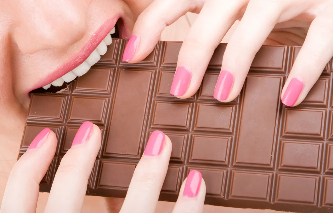 Photo wallpaper girl, close-up, chocolate, teeth, mouth, hands, fingers, manicure