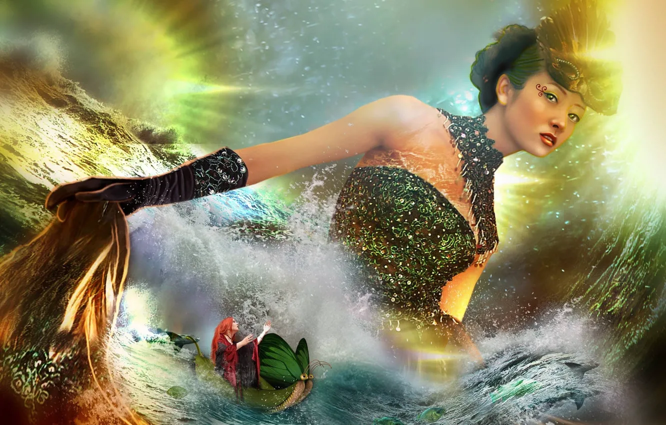 Photo wallpaper water, girl, butterfly, boat