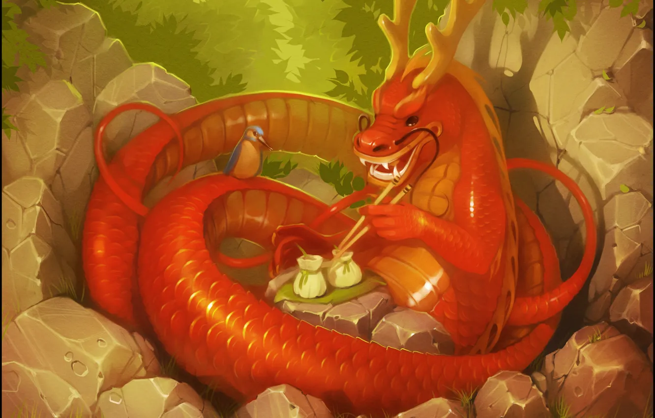 Photo wallpaper forest, fantasy, bird, dragon, art, Chinese dragon