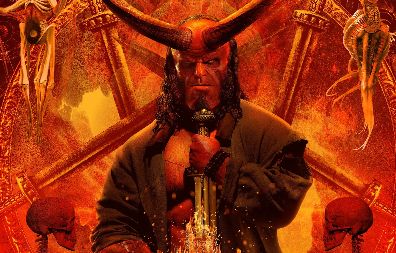 Photo wallpaper skull, sword, fantasy, horns, action, poster, red background, Hellboy