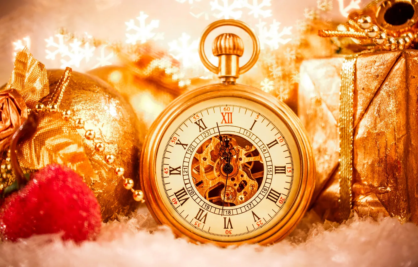 Photo wallpaper balls, holiday, watch, new year, pocket watch