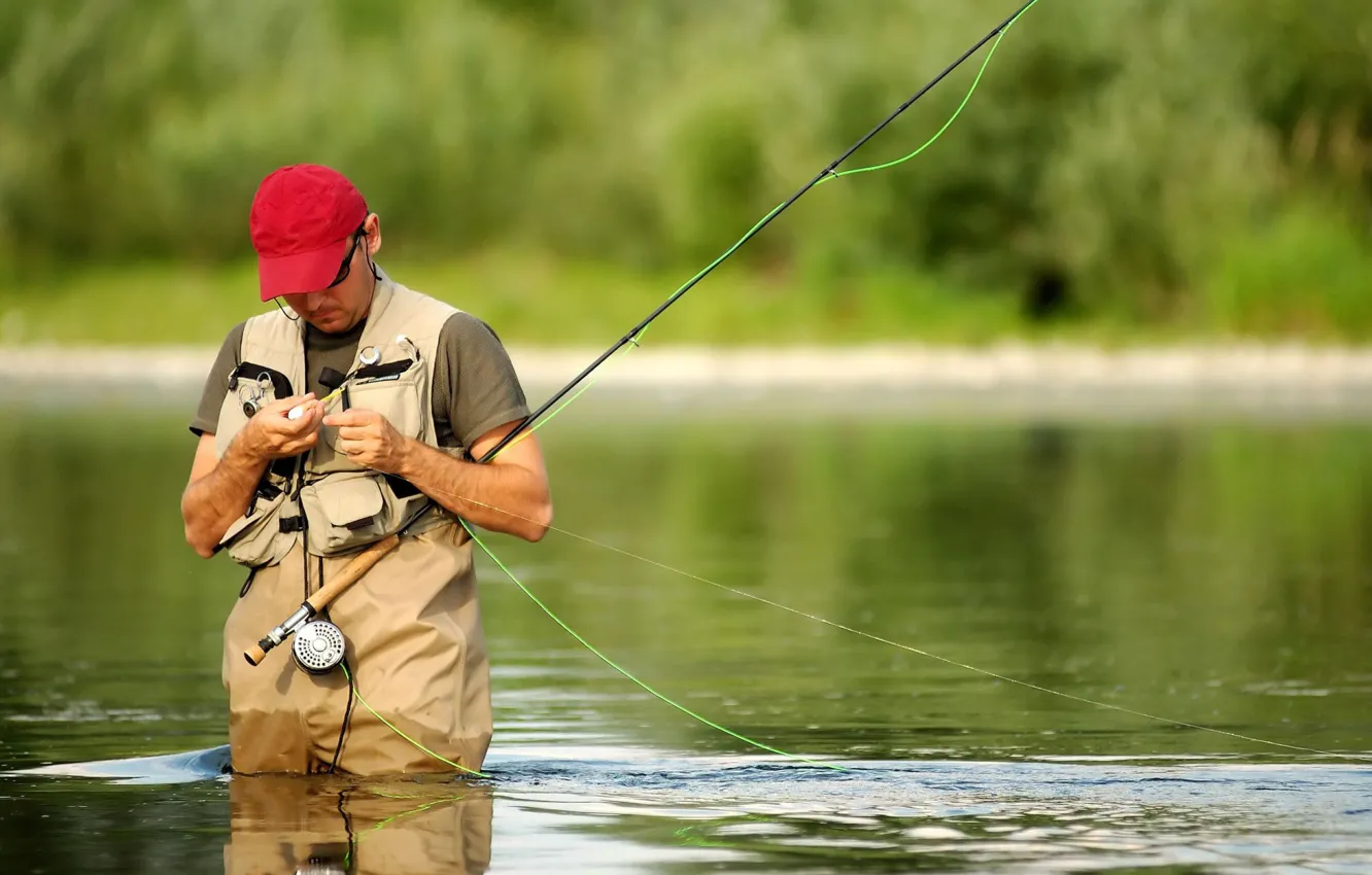 Photo wallpaper water, red, nature, mood, fisherman, costume, cap, river